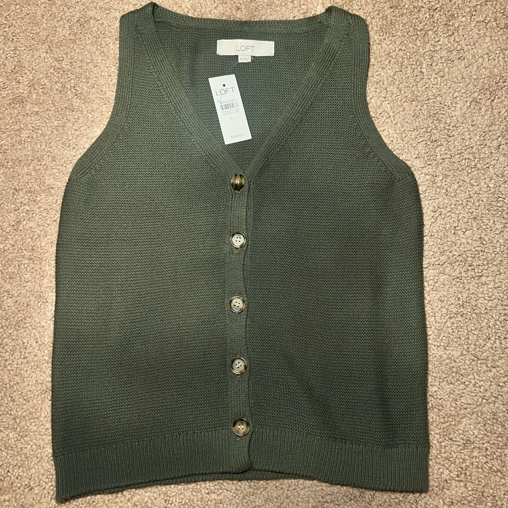 LOFT Olive Knit V-Neck Vest - Picture 1 of 3